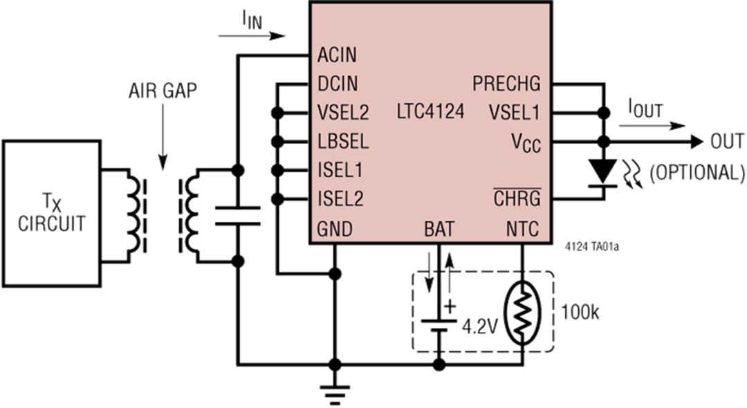 Application Circuit Diagram - Analog Devices Inc. LTC4124 100mA Wireless Li-Ion Charger