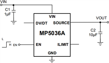 Application Circuit Diagram - Monolithic Power Systems (MPS) MP5036A Current Limit Switch