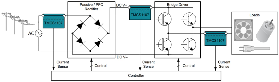 Application Circuit Diagram - Texas Instruments TMCS1107 Hall-Effect Current Sensor