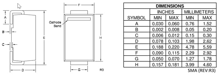 Mechanical Drawing - Central Semiconductor SMT Silicon CMZ Automotive Zener Diodes