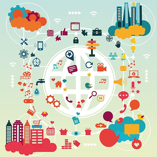 symbol for the internet surrounded by symbols depicting the many functions and areas it affects