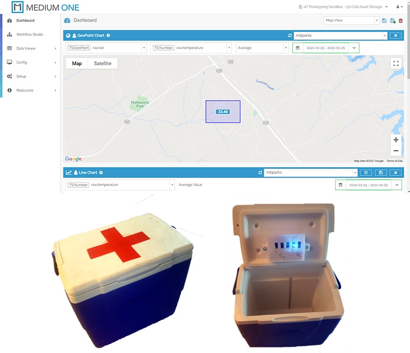 Two images, one showing the device being tracked in a browser, the other showing the physical device installed in the cooler