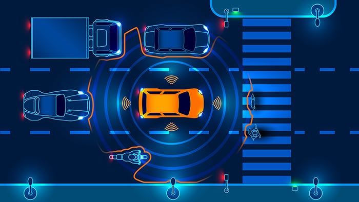 orange car on a blue road, using AV sensors to detect the outlines of other cars, pedestrians, and the sides of the street to navigate