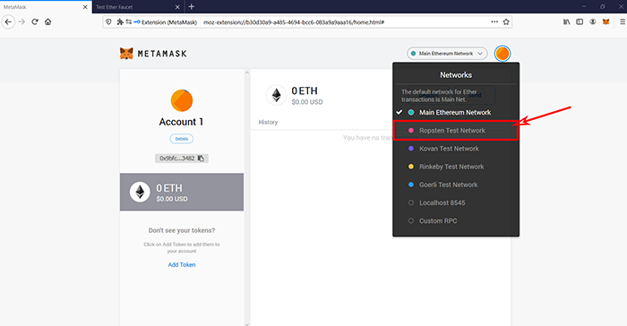 Choosing the Ropsten Test Netowork on MetaMask