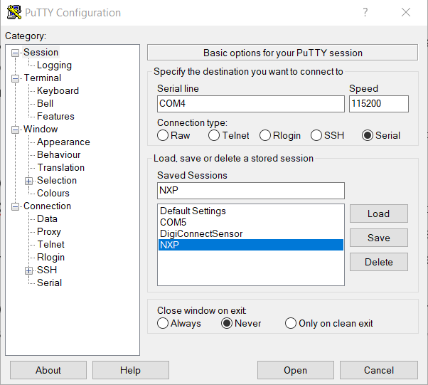 PuTTY allows a developer to interact with their target development board over a serial connection.