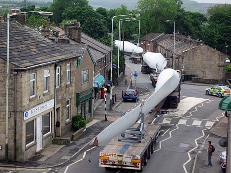 turbine blade convoy winds its way through a sleepy English village