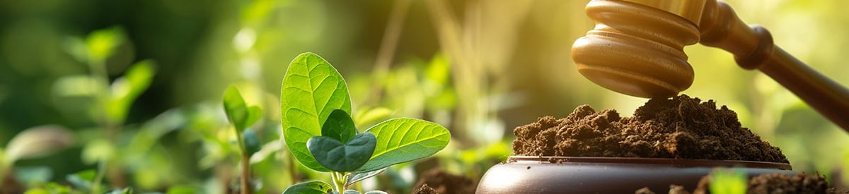 Un primer plano de un mazo de madera, símbolo de justicia y autoridad, parcialmente sumergido en tierra oscura y rica, rodeado de una planta joven con hojas verdes vibrantes