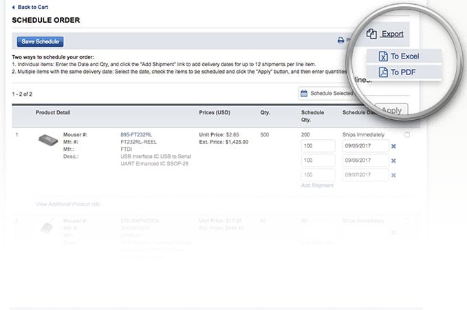 Exporte las opciones desplegables en la página de pedidos programados.